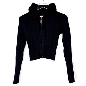 Frankies Bikinis Cable Knit Cardigan Sweater Jacket Full Zip Up Hoodie Black XS